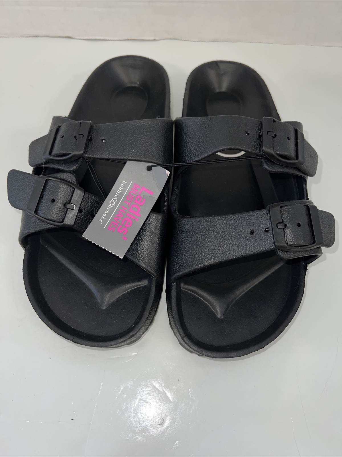 Bobbie Brooks Black Ladies Slip On Sandal Double Strap Choose Size 6-7 8-9 10-11