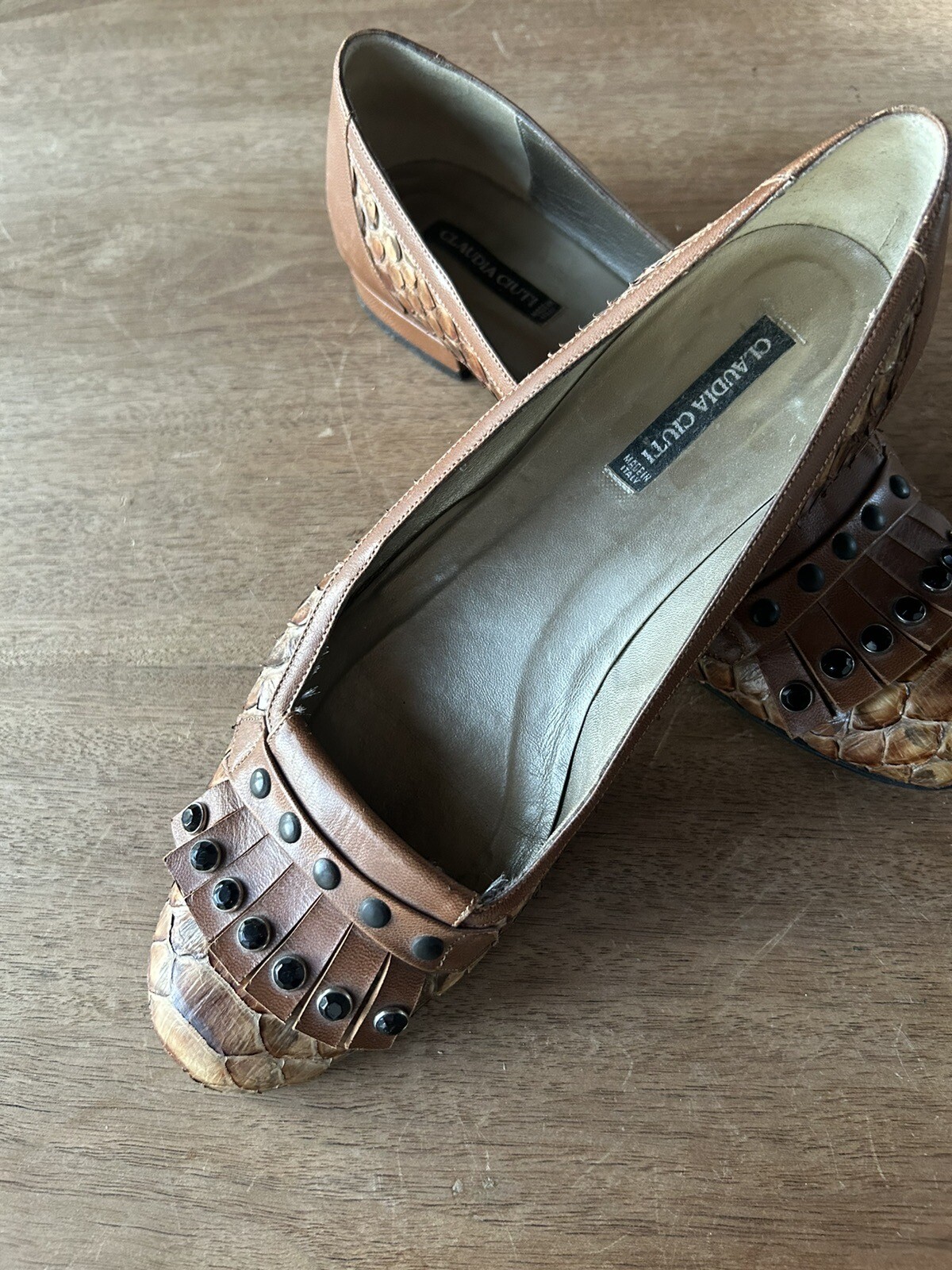 ITALIAN DESIGNER CLAUDIA CIUTI NATURAL SNAKESKINBLK JEWELS& METAL GROMETS LOAFER