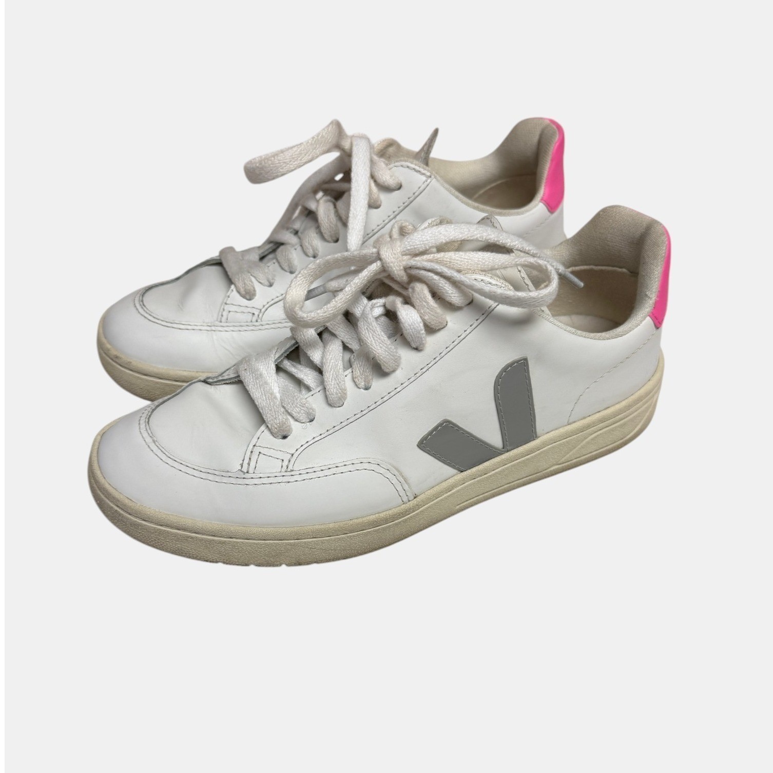 VEJA V-12 Sneakers Womens EU36/US5 White Hot Pink Leather Minimalist Casual EUC