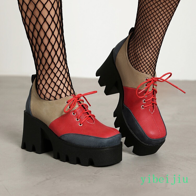 Women’s Platform Shoes Patchwork Two Tone High Block Heel Colorblock Lady Retro