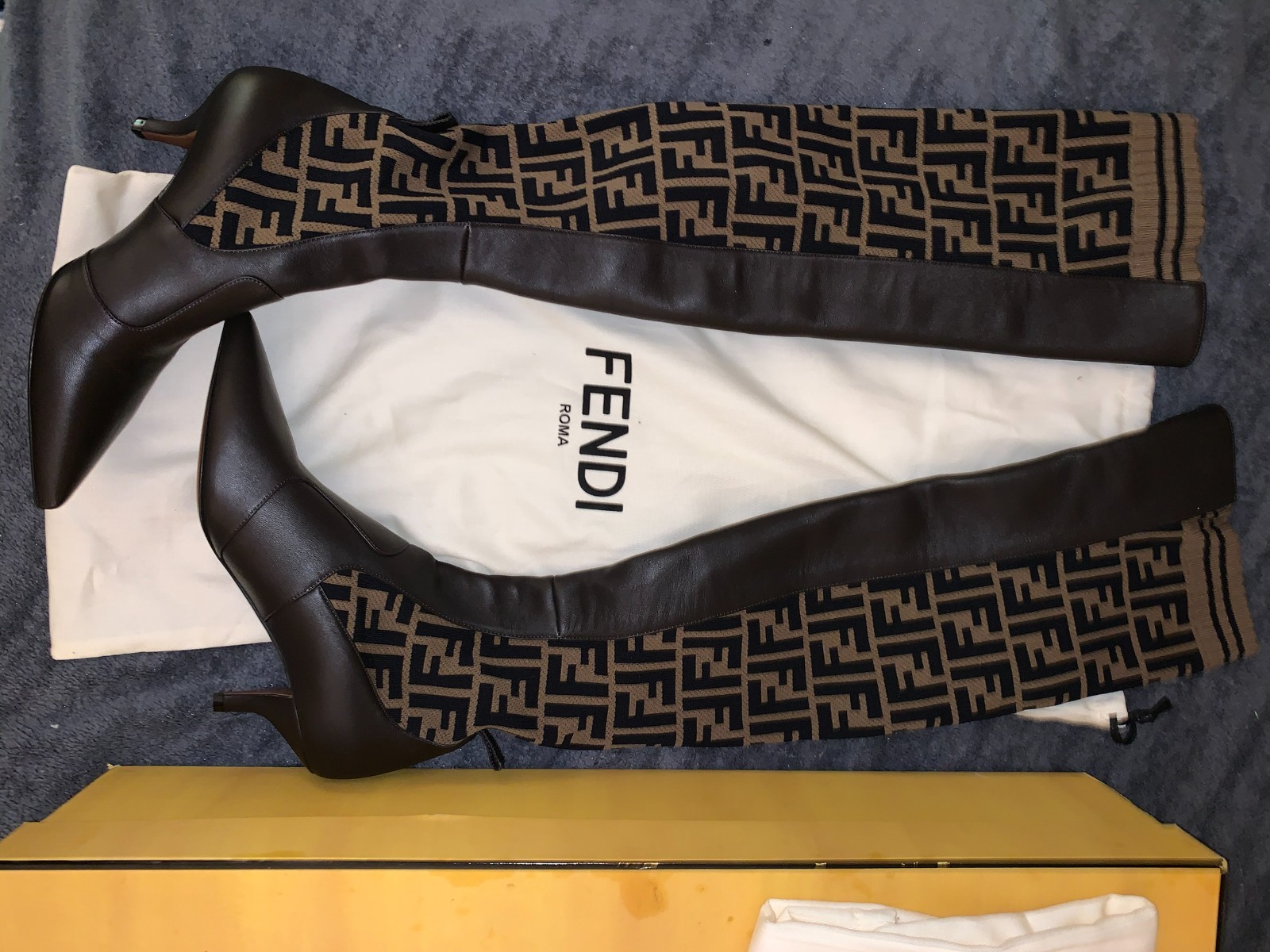 Fendi Rockoko Brown FF Logo Stretch Knit Sock Thigh High Heel Pump Boot 38 US 8