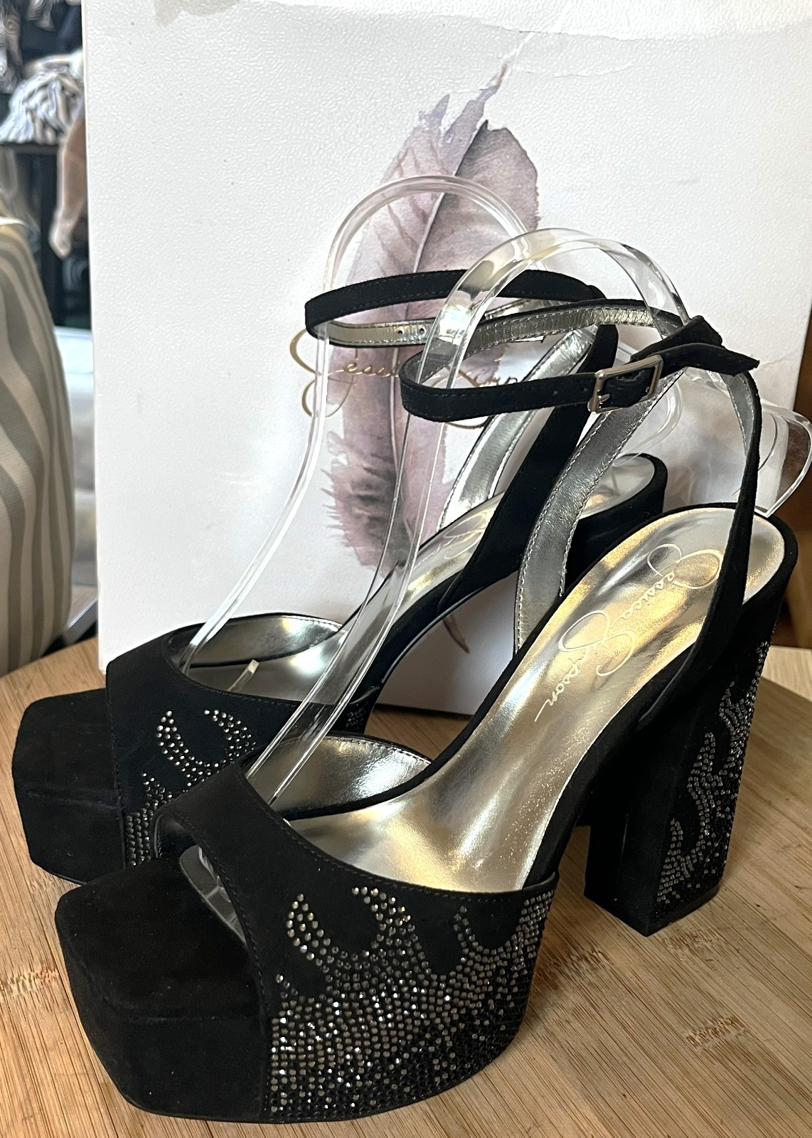 JESSICA SIMPSON BLACK/SILVER RHINESTONE FLAME PLATFORM HEELS LIRIO2 9M WITH BOX