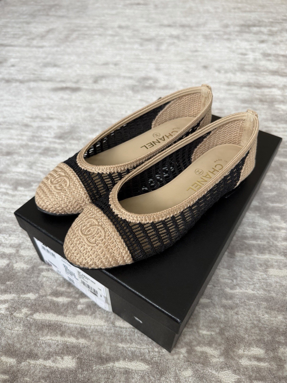 Chanel Raffia Black Beige Ballet Flat Size 37