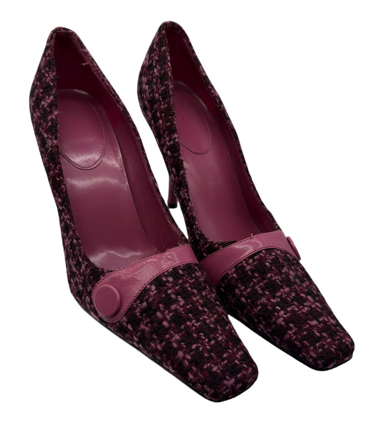 Vintage Bandolino Tweed Burgundy & Pink Pointed-Toe Heels Button Accent size 9