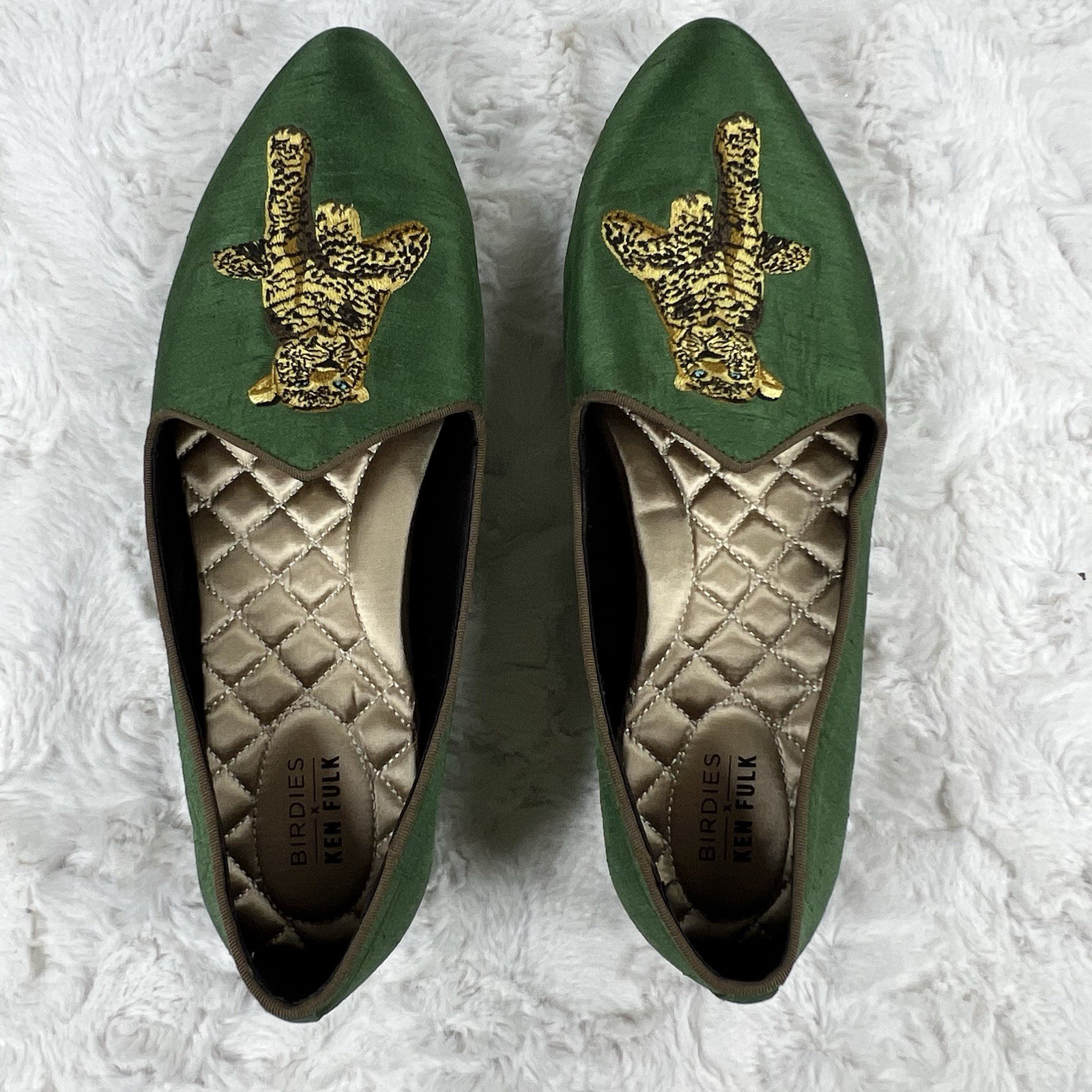 Birdies x Ken Fulk Leopard Satin Slipper Shoes Flats Women 9.5 Emerald Green Art