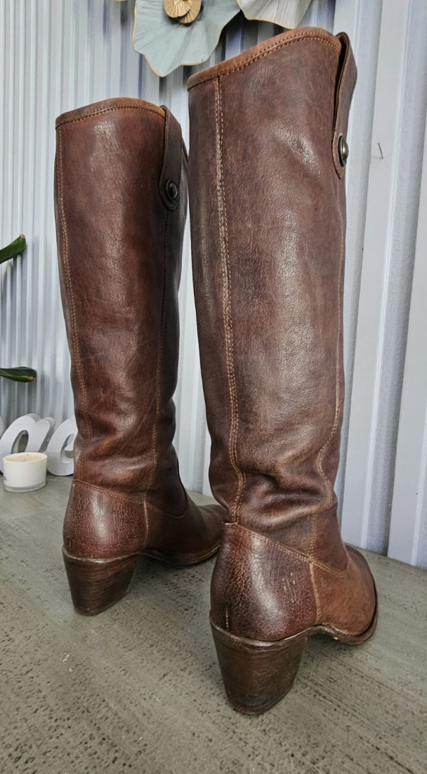 Vintage Frye Womens Jackie Button Tall Dark Brown Leather Boots Sz 7.5 / 38