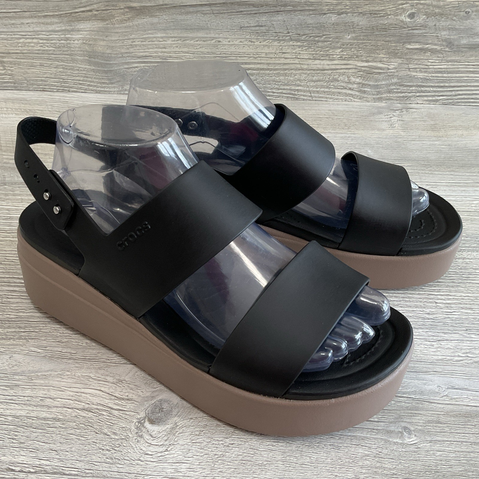 Crocs Literide Brooklyn Platform Black Slingback Beige Wedge Sandle Women’s 9 US