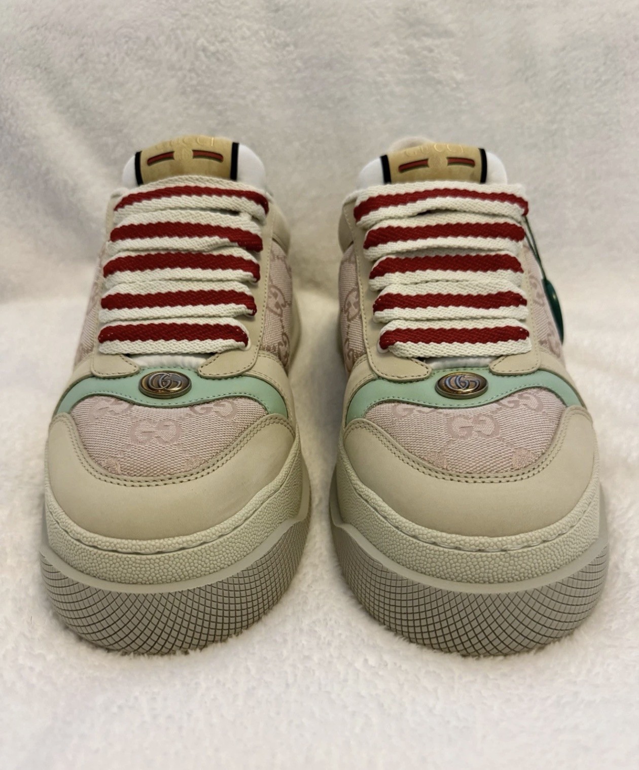 Gucci Screener GG Monogram Canvas Leather Low Top Sneakers Beige Red Green 2023