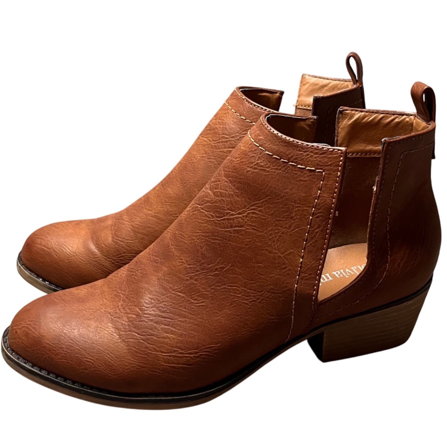 Olivia Miller Womens Brown Faux Leather Ankle Boots Side Cutout Block Heel Sz 9