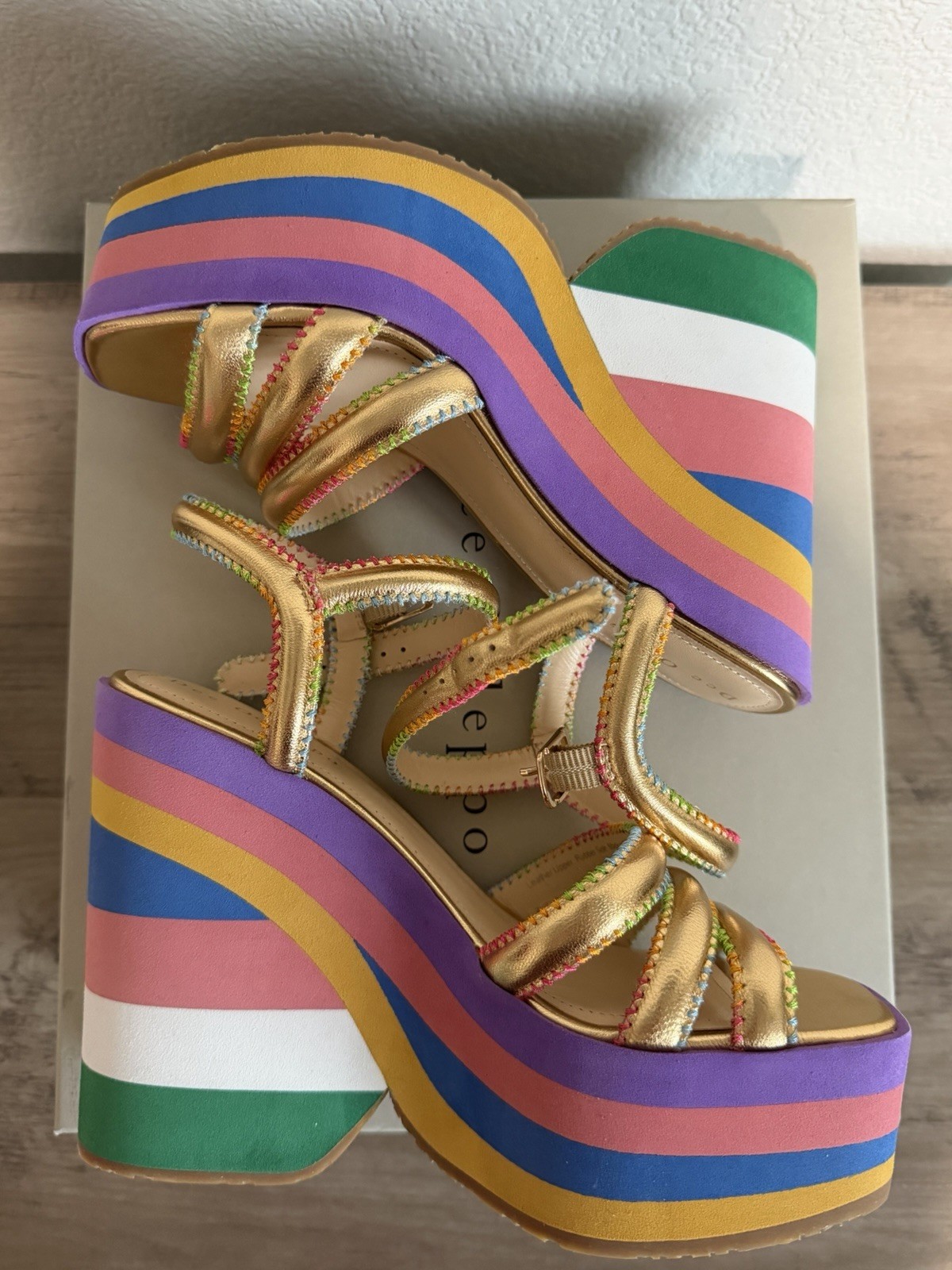 Dee Ocleppo Multicolor/Gold Striped Leather Platform Sandals Ankle Strap 6