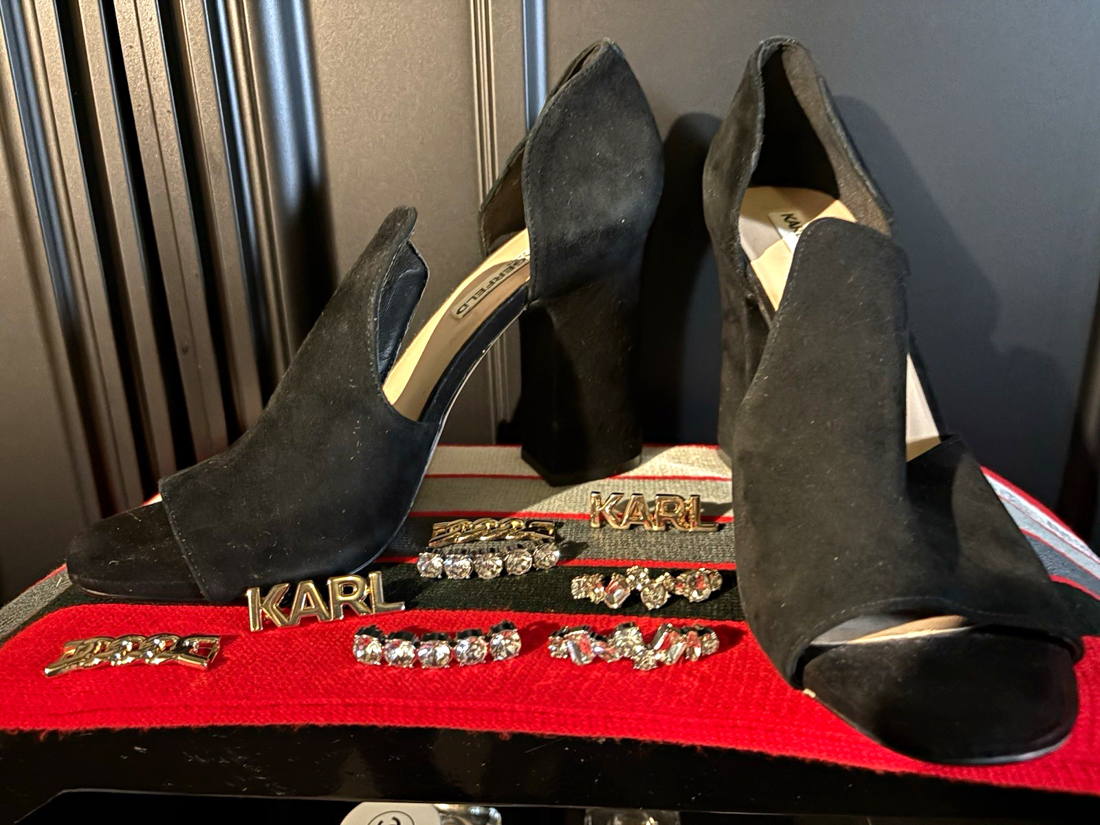 Karl Lagerfeld Paris Black Suede D’Orsay Open Toe Block Heel Logo Slip-On