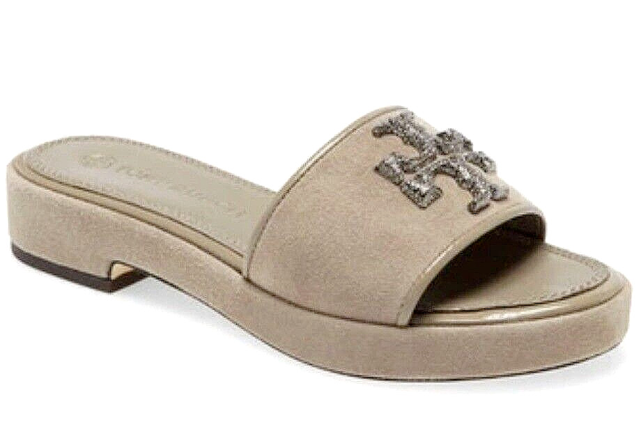 TORY BURCH ELEANOR SLIDE SANDAL CRYSTAL LOGO SUEDE GRAY HERON SZ US 8 NIB
