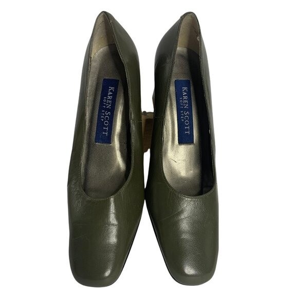 Karen Scott Soft Step Chunky Heels 7 Leather Green Square Toe 2.5 in Heel