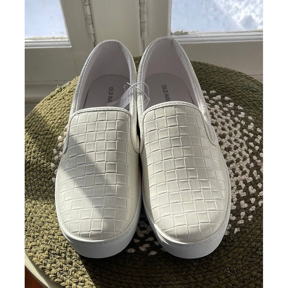 Old Navy Womens Basketweave Slip On Sneakers Off White Grid Textured Shoes