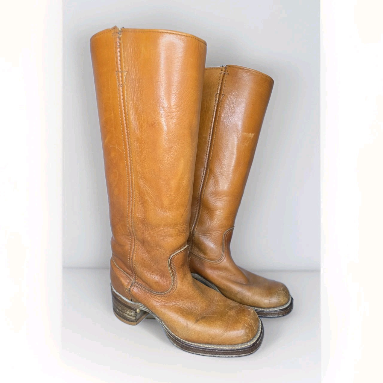 VTG Wrangler 4188 Western Boots Wmn’s 6.5 M Tan Leather Tall Pull On USA Campus