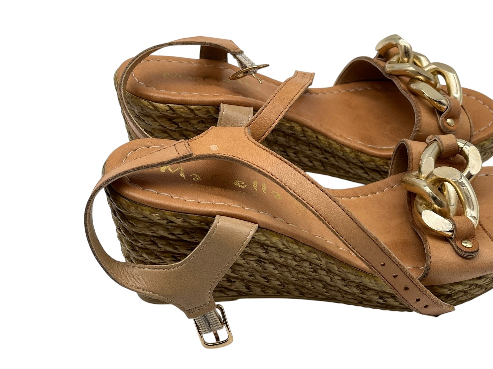 MarIella Women’s Tan Leather Chain Espadrille Wedge Sandals Size 38 Italy