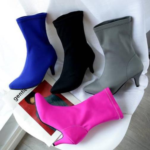 Womens Formal Elastic Ankle Boots Mid Heel Shoes Booties Mid Calf Shoes Fashion