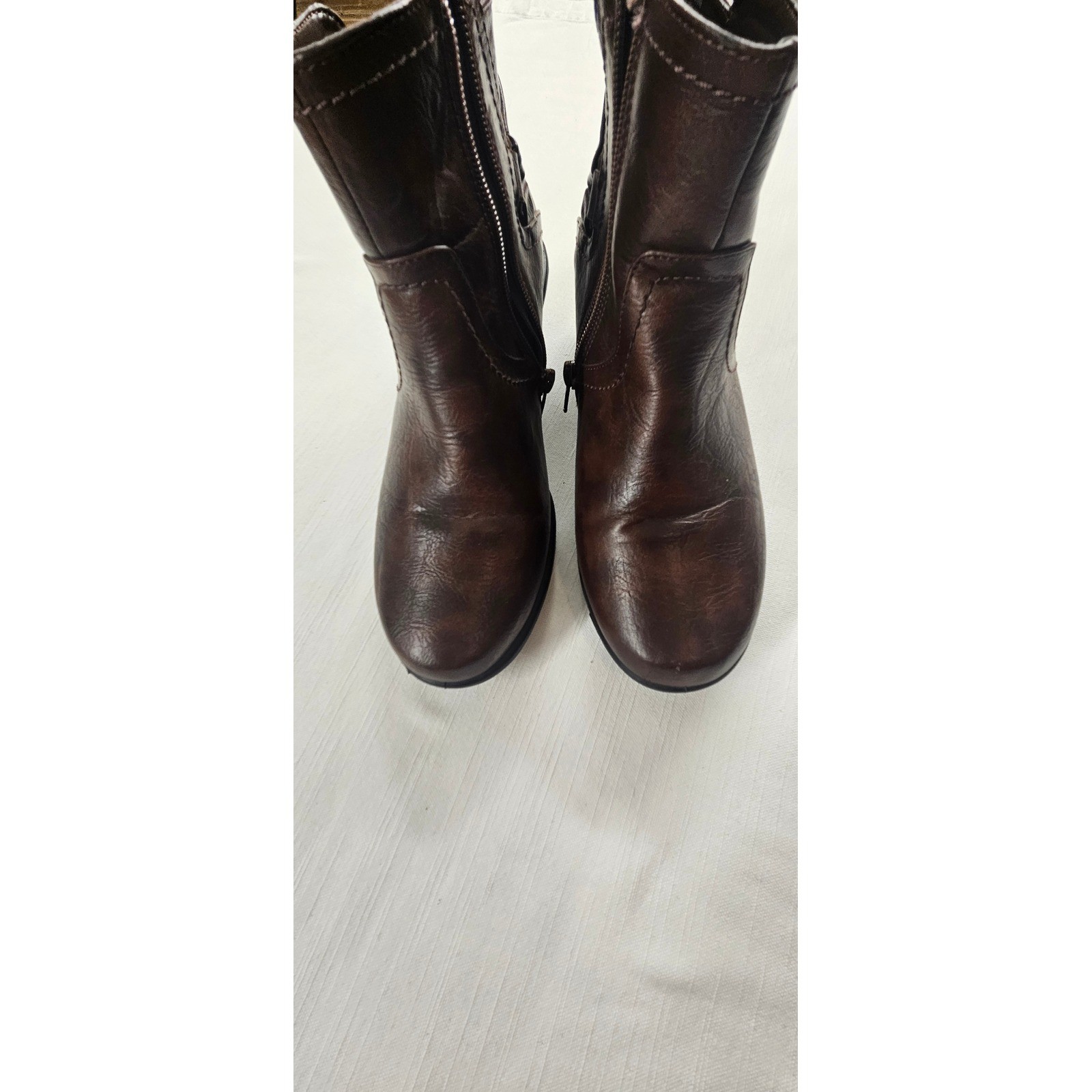 Easy Street Womens Brown Faux Leather Ankle Boots Side Zip Buckle Detail Heel