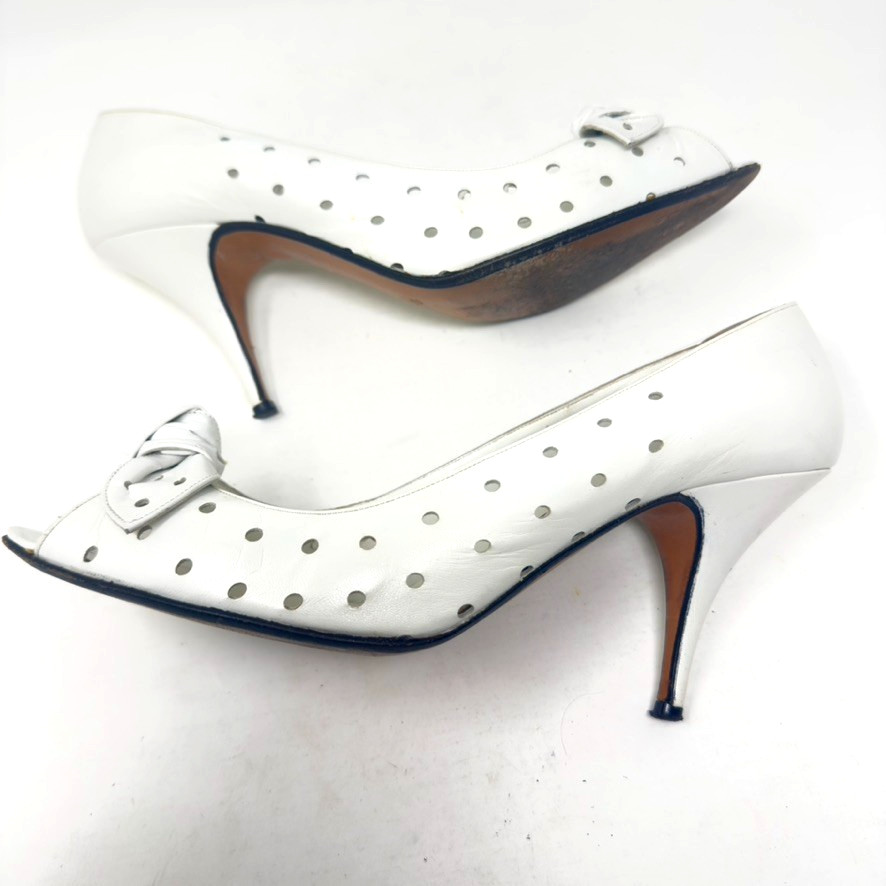 Pancaldi Heels Size 10AA White Kid Leather Bow Toe Detail 3.5in Heel