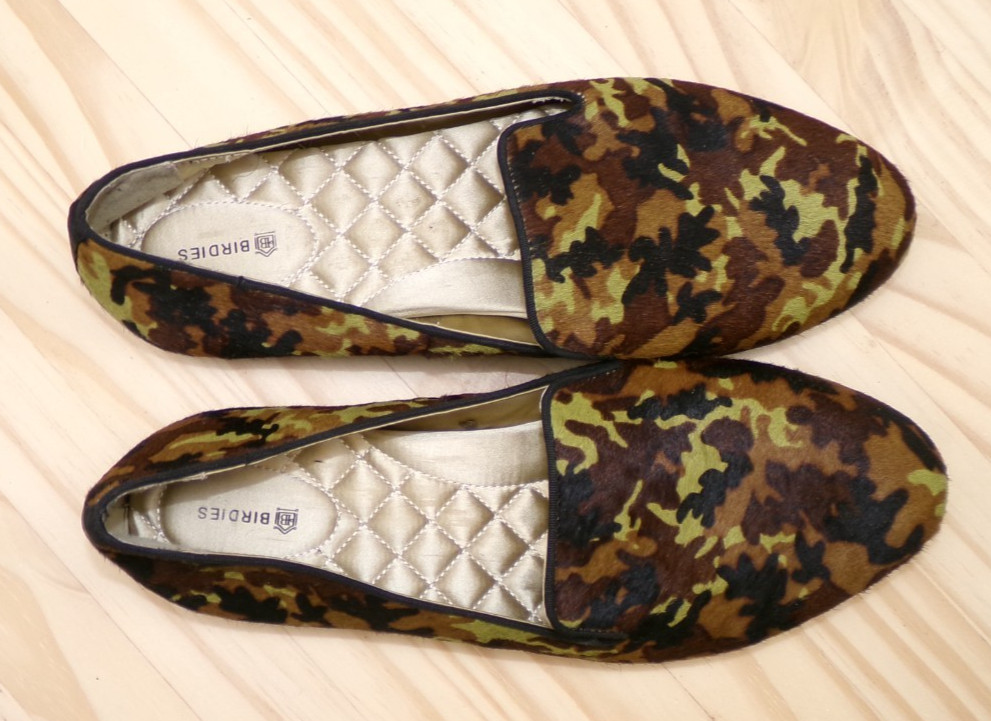 Birdies Camo Print Calf Hair Loafers Womens Green Black Brown Sz 11 Slip On Flat