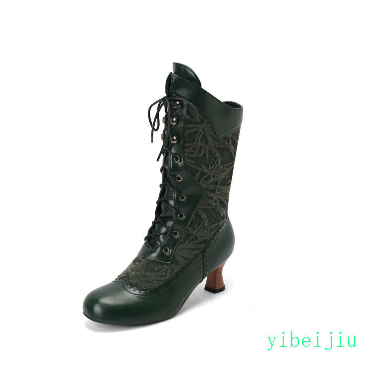 Women’s Mid Calf Kitten Heel Ankle Boots Lace Up Leather Shoes Leather Vintage