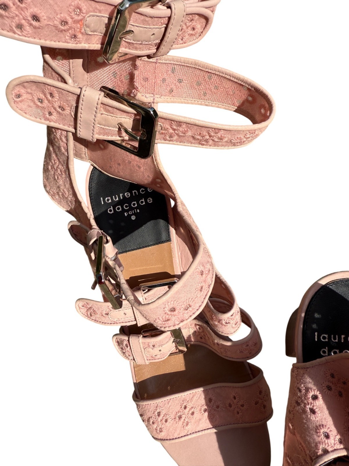 Laurence Dacade Leather Heels Eyelet Buckle Sandals Blush Pink Size 39 W Open To
