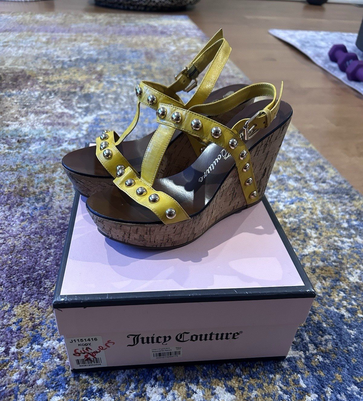 Juicy Couture Yellow Studded Leather Strappy Wedge Sandals Ankle Strap 7M