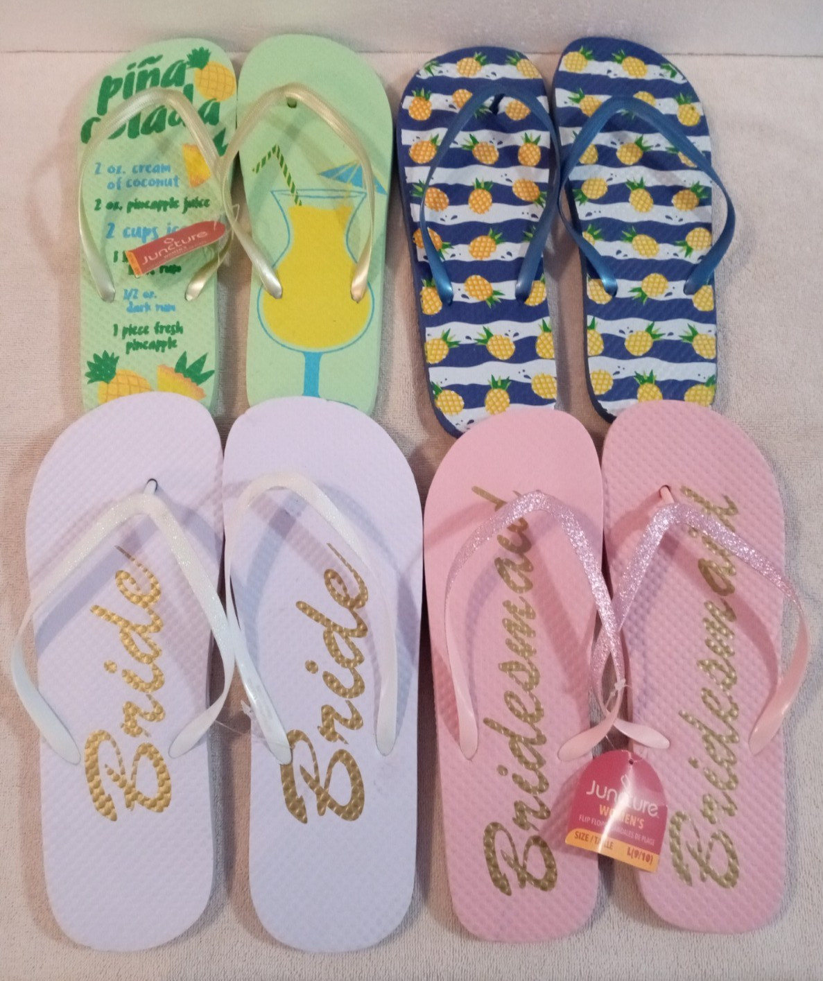 4-Pair Women’s JUNCTURE flip flops size L(9-10) Pina Colada, Pineapples & more