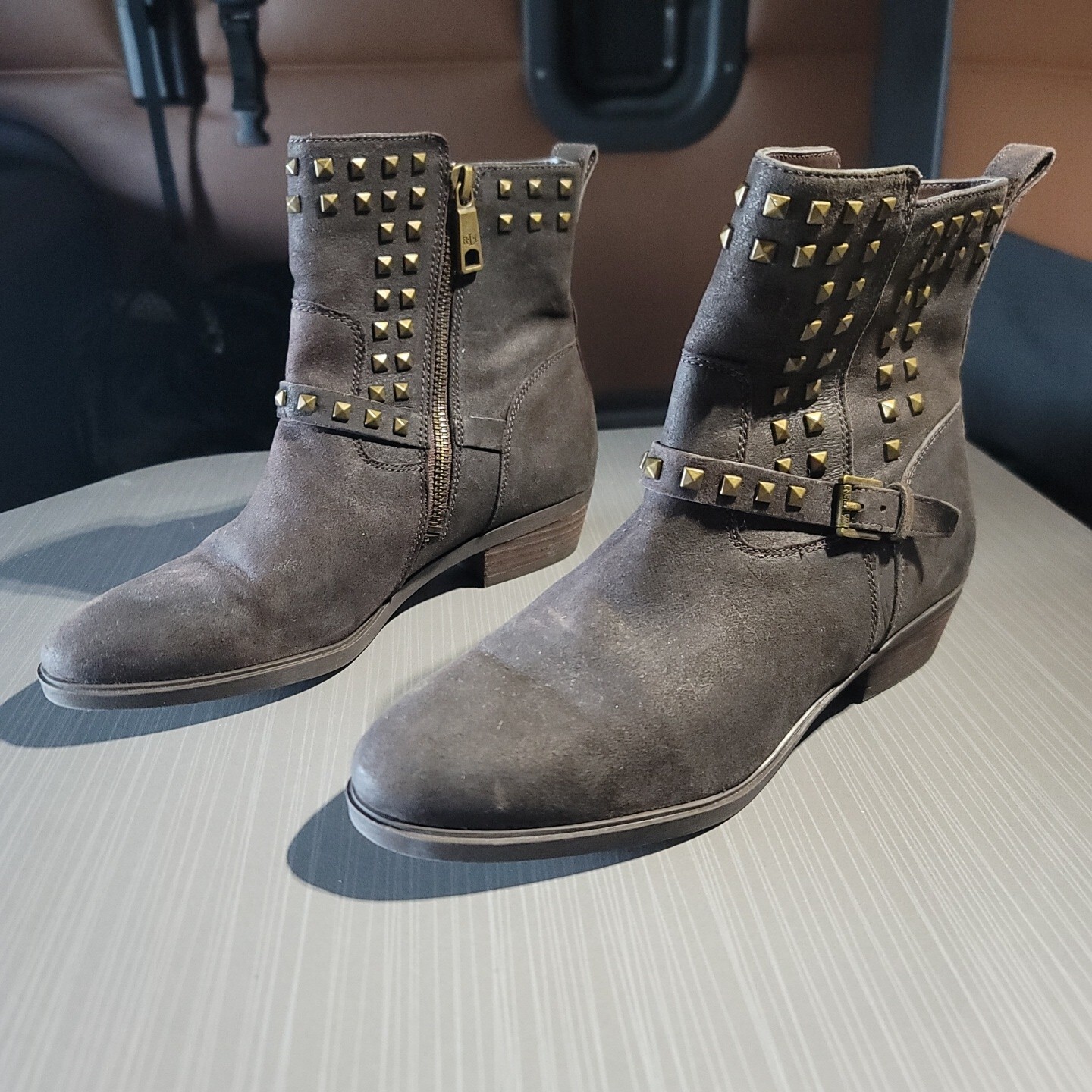 Ralph Lauren Leather Shaelynn Boots Sz 6 Dark Brown Studded, Zipper, Low Boots