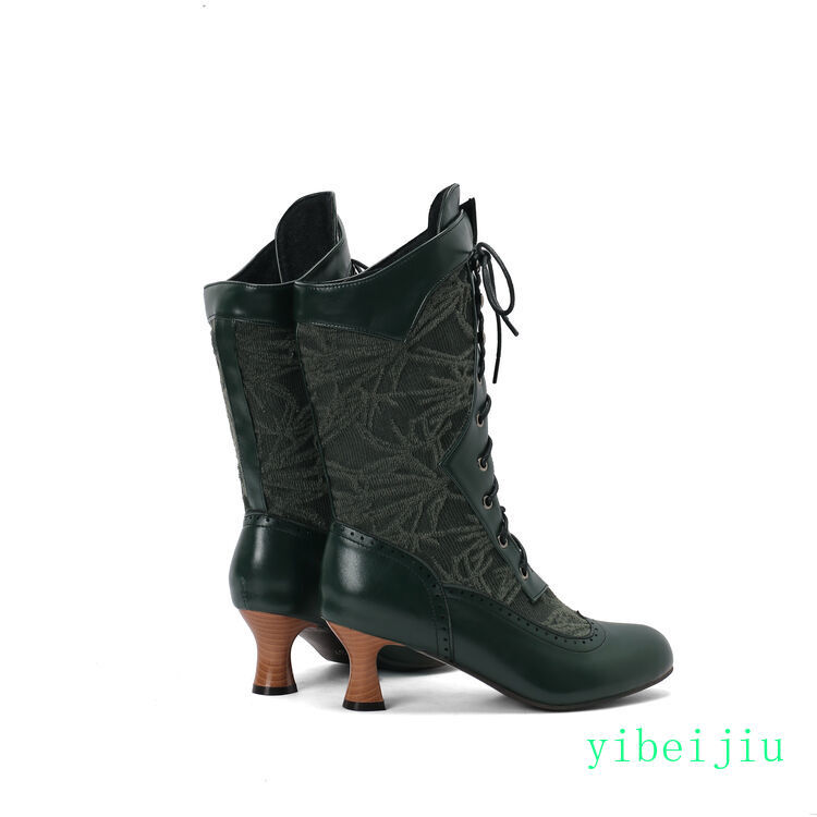 Women’s Mid Calf Kitten Heel Ankle Boots Lace Up Leather Shoes Leather Vintage