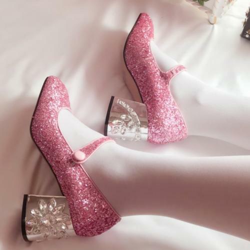 Womens Mary Jane Pumps Heels Shoes Sweet Rhinestone Sequins 6.5 Block Square Toe