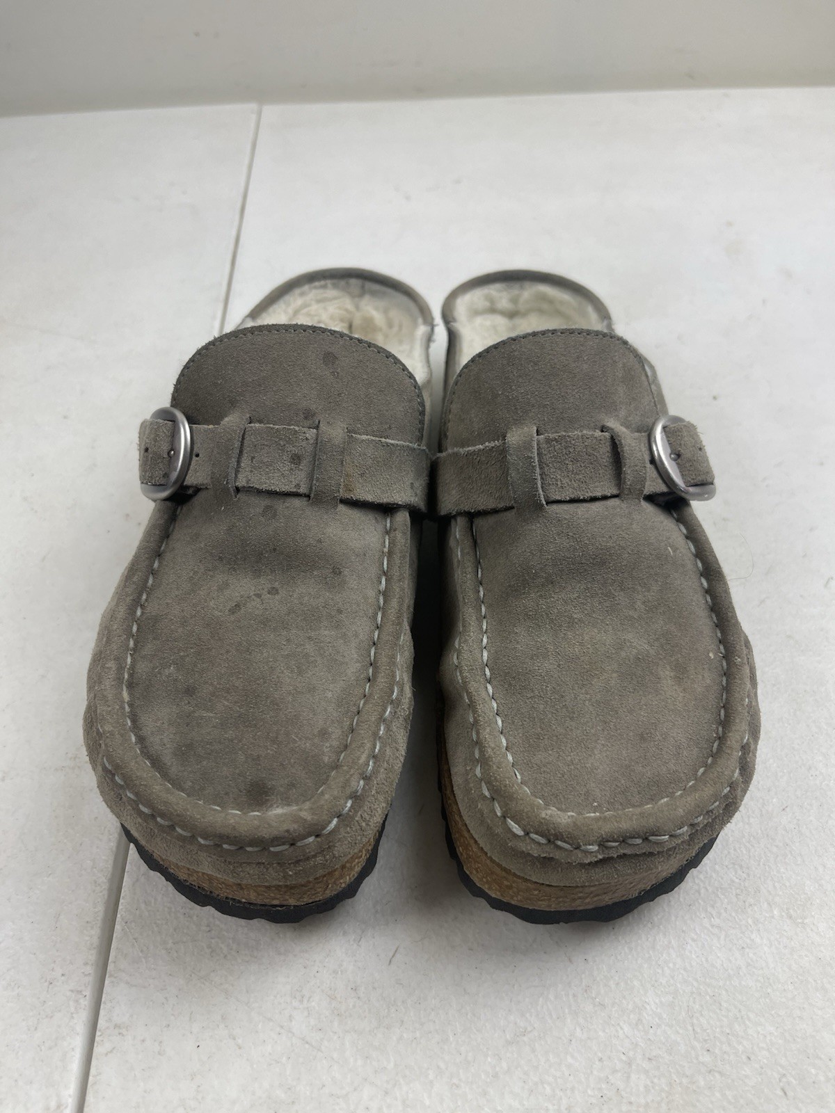 Women’s Size L9 40 Narrow Birkenstock Buckley Gray Taupe Suede Leather Clogs