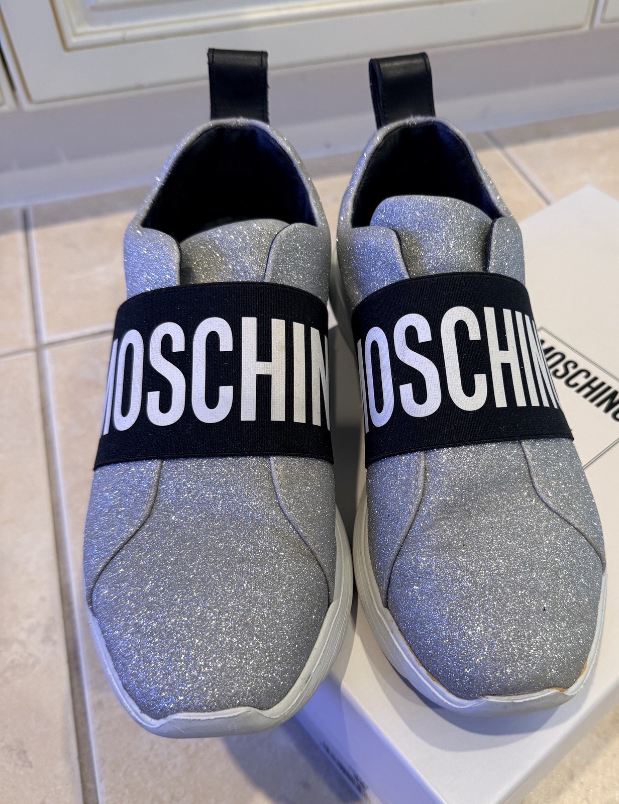 MOSCHINO Silver Glitter Sneakers 36 with Box