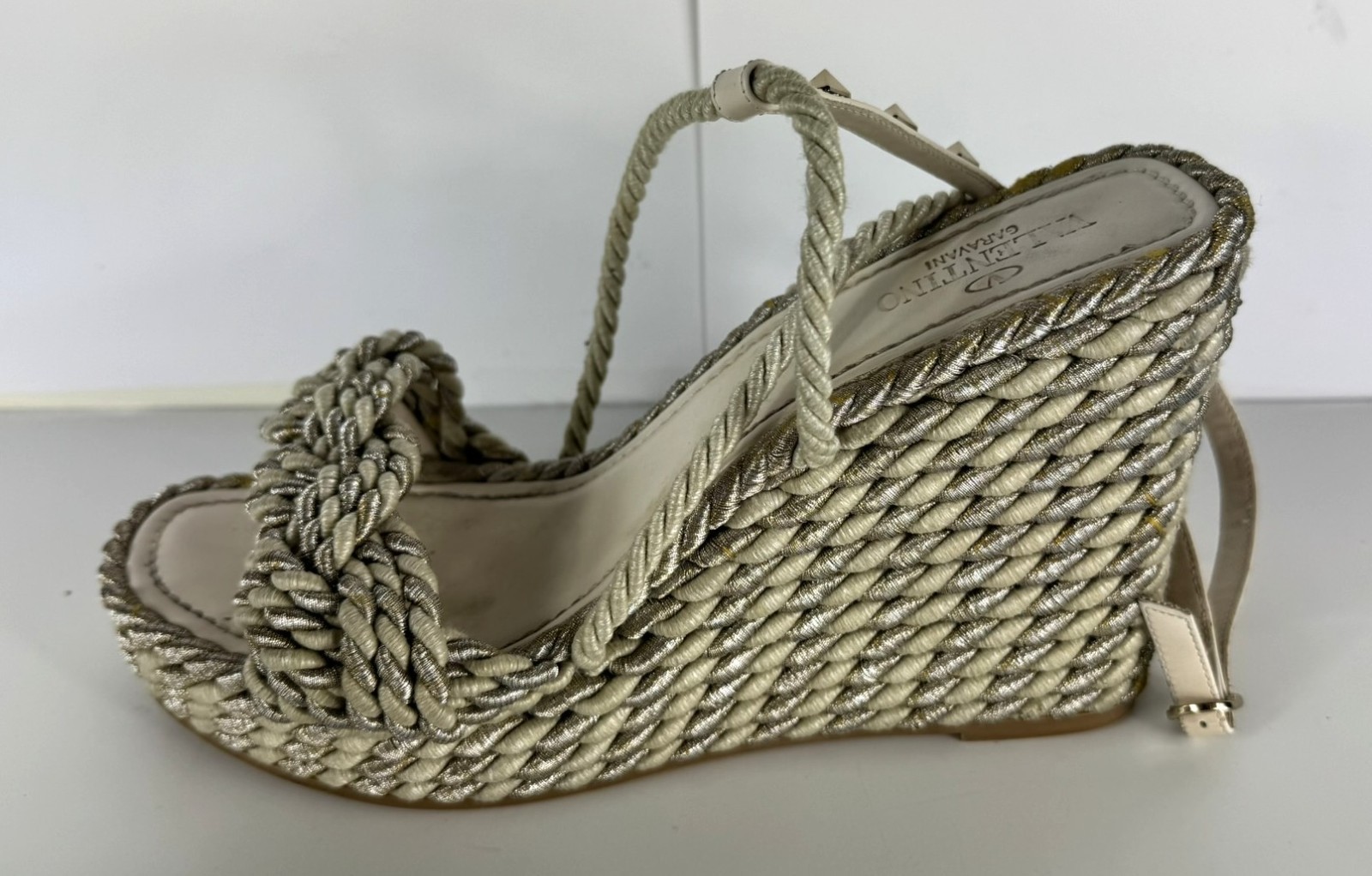Valentino Rockstud Torchon Espadrille Rope Stripe Wedge Sandal EU 41 US 10/10.5