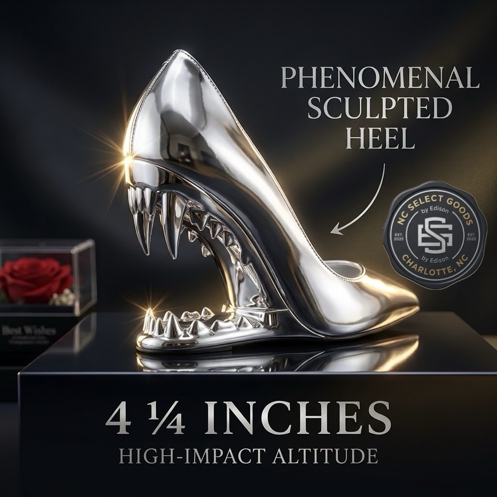 Metallic Silver Chrome Monster Teeth Jaw Heels Pointed Pumps Women Size 9.5