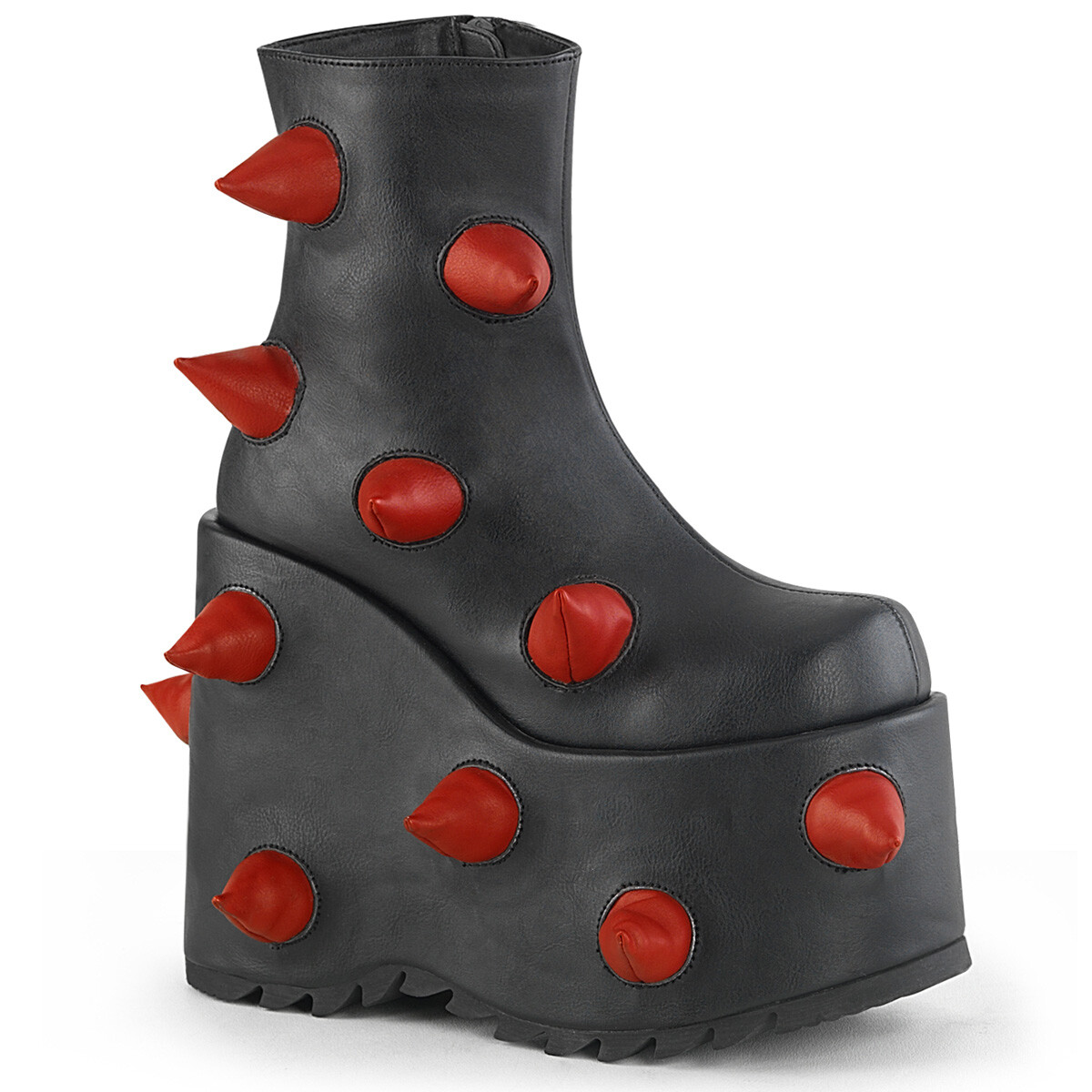 BLACK/RED VEGAN LEATHER 7″ ANKLE BOOT. ZIP PUFFED RED ‘HORNS’ 6 7 8 9 10 11 12
