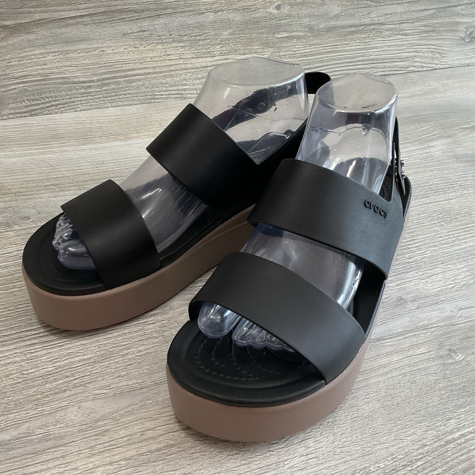 Crocs Literide Brooklyn Platform Black Slingback Beige Wedge Sandle Women’s 9 US