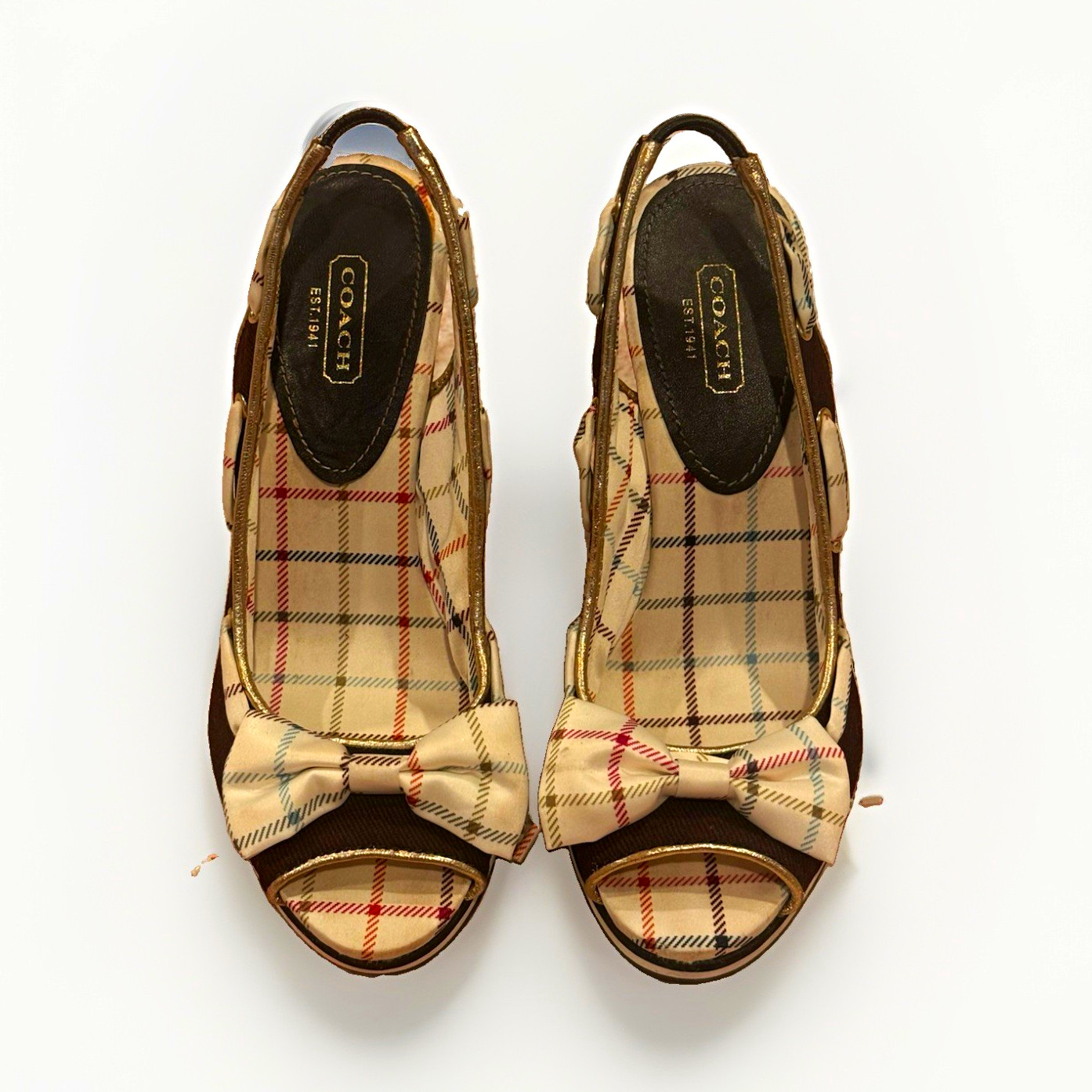 #Vintage Coach Plaid Slingback Wedge Sandals w/ Bow 🎀 US 6