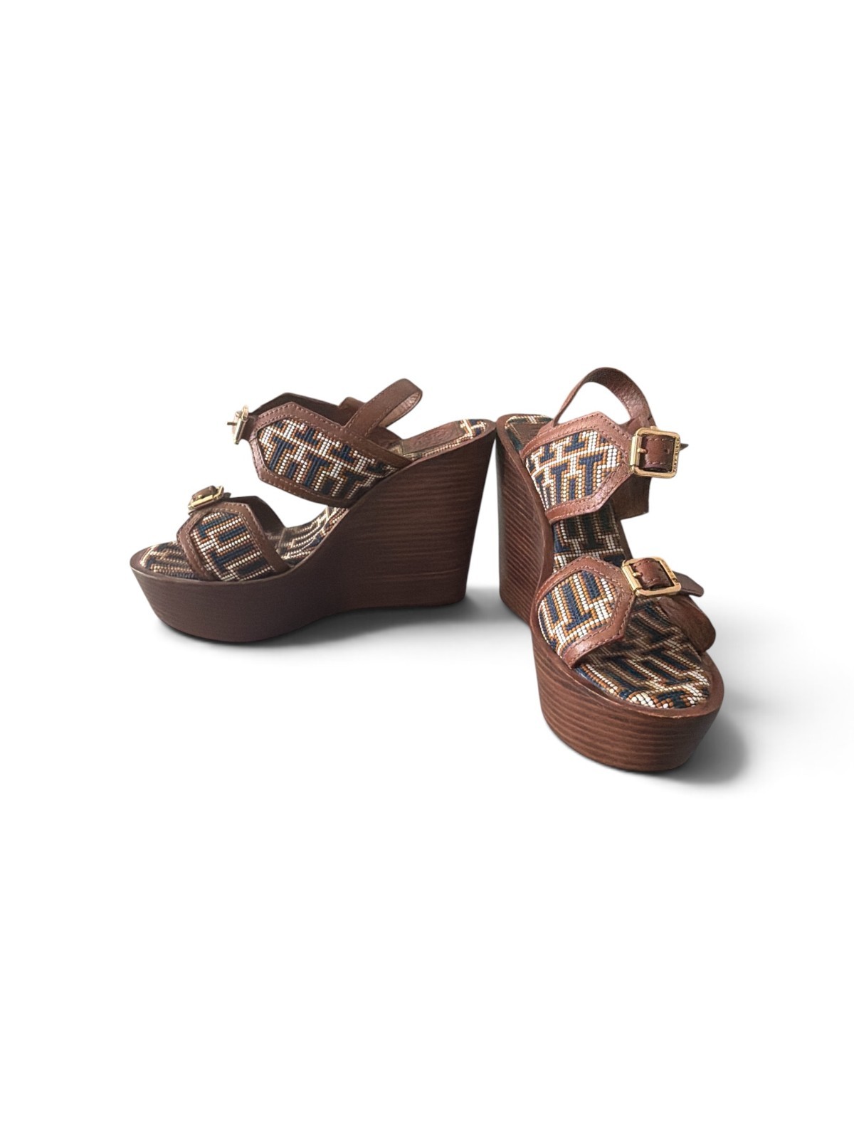 Tory Burch Platform Sandals Women’s 10M Brown Leather 5″ Heel Double T Logo