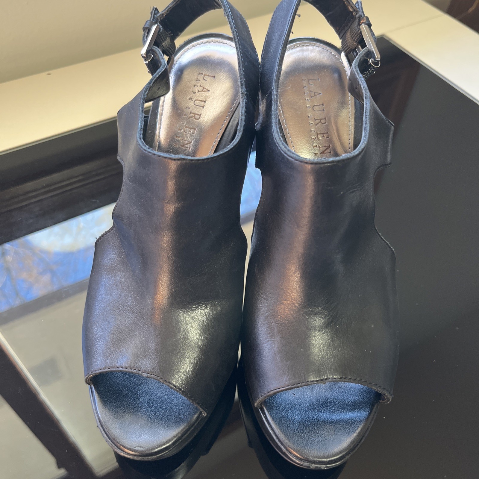 Lauren Ralph Lauren Women’s Synthia Platform Sandal Black 7B Heel Height 4.25”
