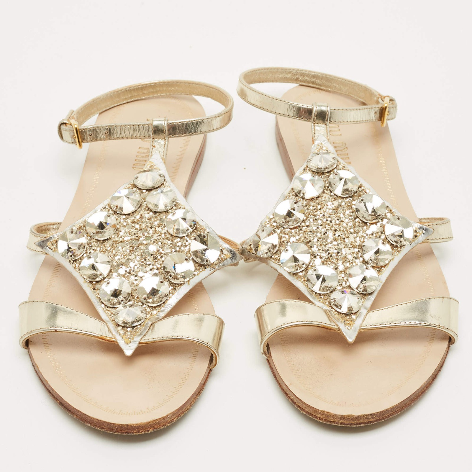 Miu Miu Size 35 Silver Foil Leather Crystal Embellished Ankle Strap Flat Sandals