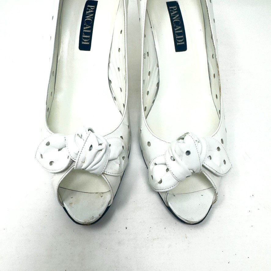 Pancaldi Heels Size 10AA White Kid Leather Bow Toe Detail 3.5in Heel