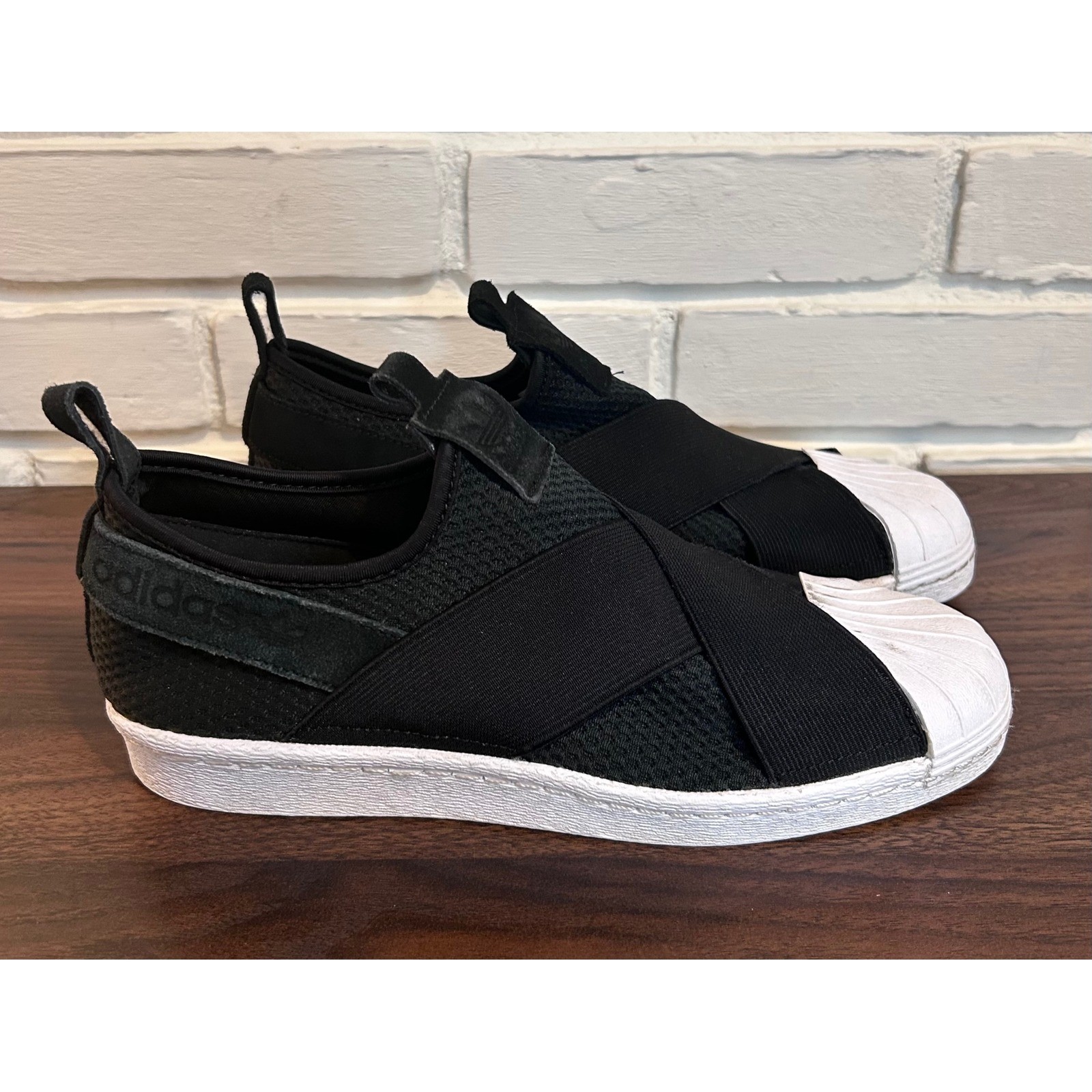 Adidas Superstar Slip On Womens 8 Black White Crisscross Strap Sneakers No Lace