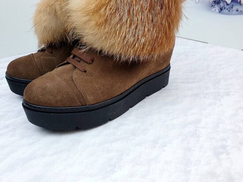 Real fox brown suede demi ankle platform boots for women