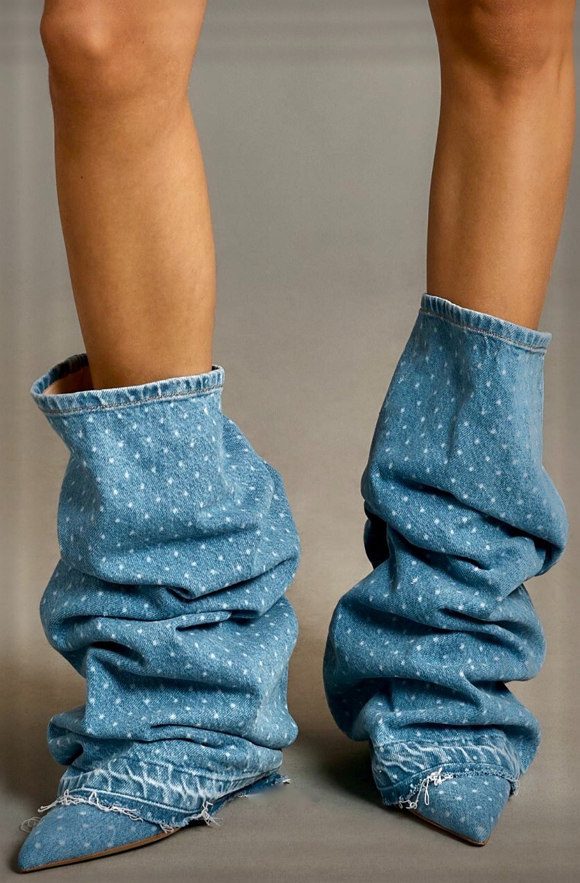 Anthropologie Custommade Anie Dotted Denim Boot Stiletto Heel Pointy 40/9 NEW