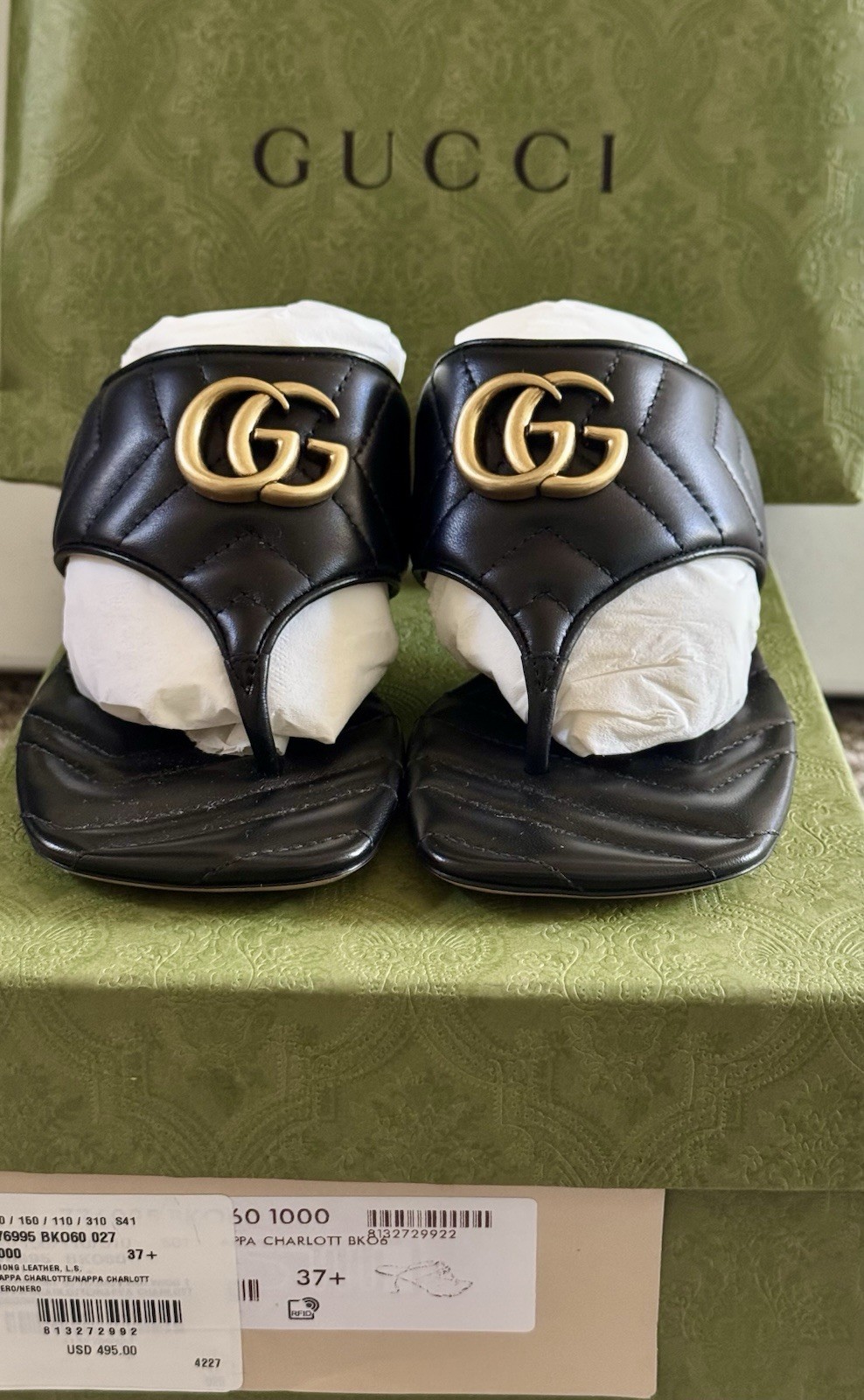 Gucci Marmont Chevron Double G 37+/ US 7.5 Thong Heel Sandals Black Leather NIB