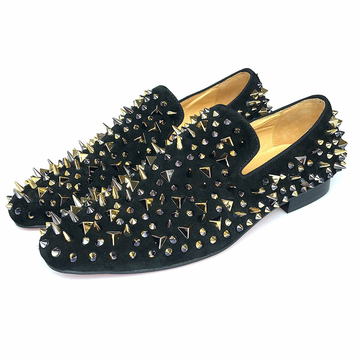 Men’s Gold Spikes Loafers Black Dress Shoes Slip-on Leather Slippers Prom Flats