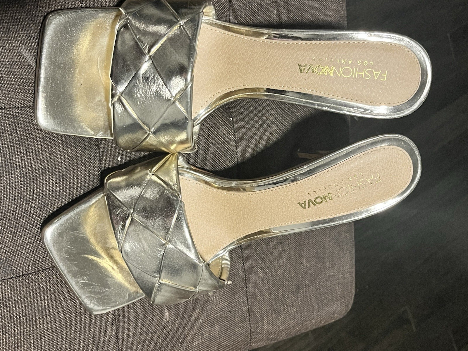 Fashion Nova Women’s 9 Gold Square Toe Stiletto Mule Heels
