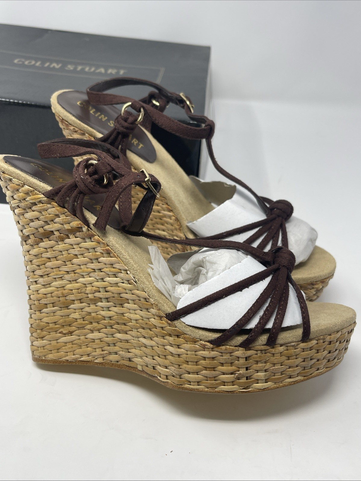 Colin Stuart Isabella-Knot Wedge Leather Strappy Sandals Brown W/ Box Small Flaw