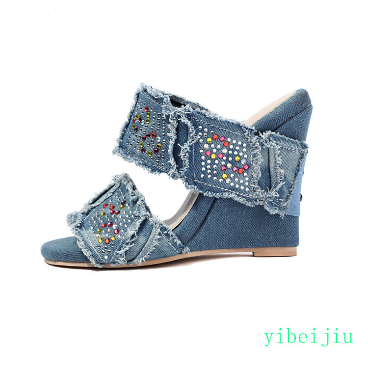 2026 Womens Denim Jeans Rhinestones Slippers High Wedge Heel Sandals Mules Shoes